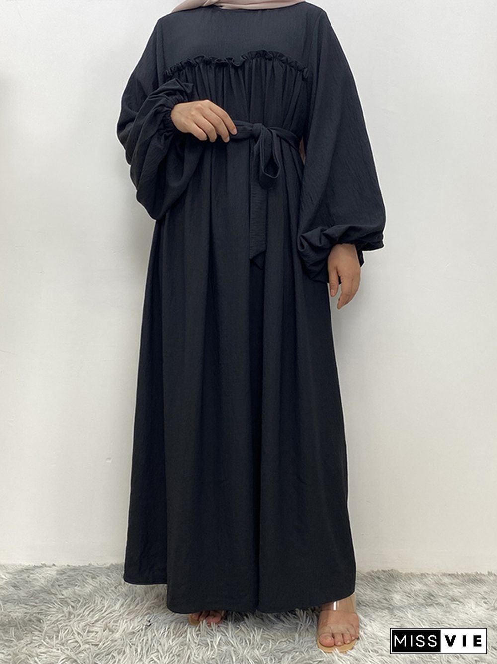 Bishop Sleeve Long Sleeves Elasticity Muslim Pleated Solid Color Split-Joint Tied Waist Round-Neck Maxi Dresses