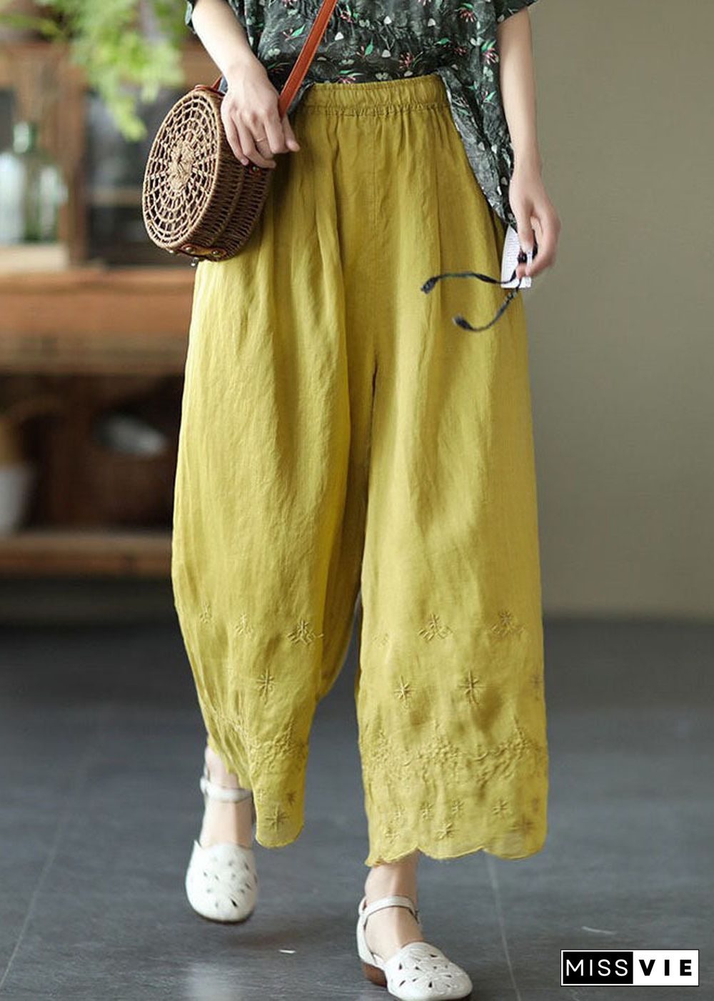 Plus Size Yellow Elastic Waist Embroideried Linen Crop Pants Summer