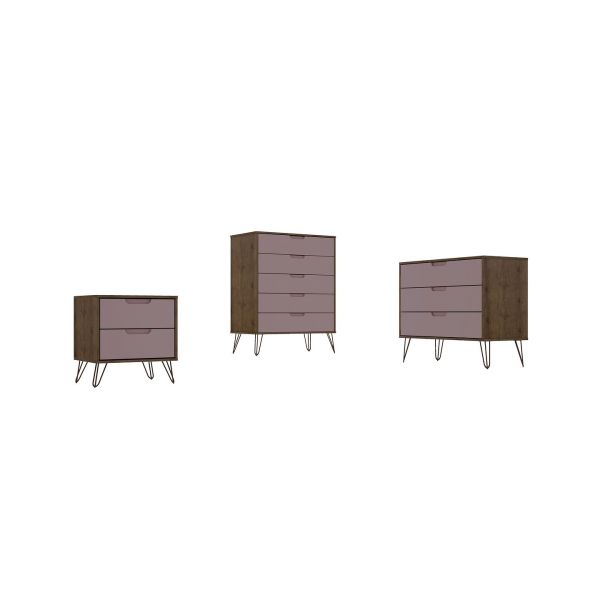 Rockefeller 3 Piece Bedroom Set Tall 5-Drawer Dresser， Standard 3- Drawer Dresser and 2-Drawer Nightstand in Nature and Rose Pink