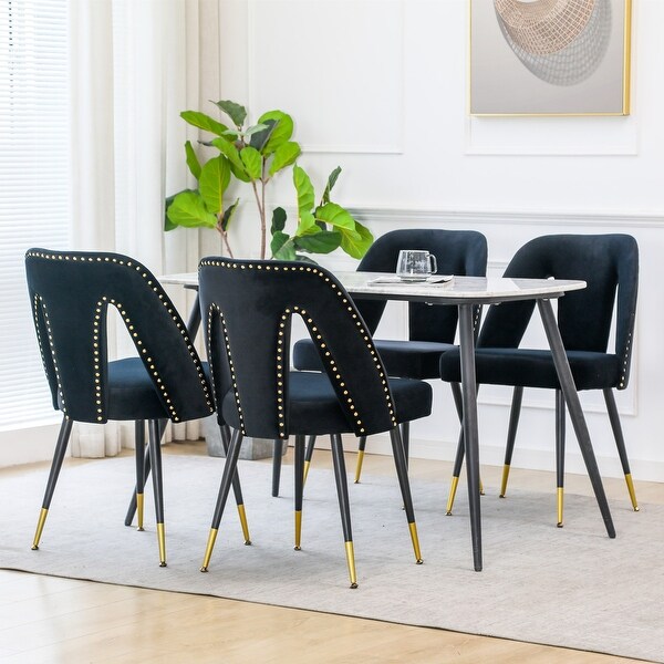 Modern | Contemporary Velvet Upholstered Dining Chair with Nailheads and Gold Tipped Black Metal Legs