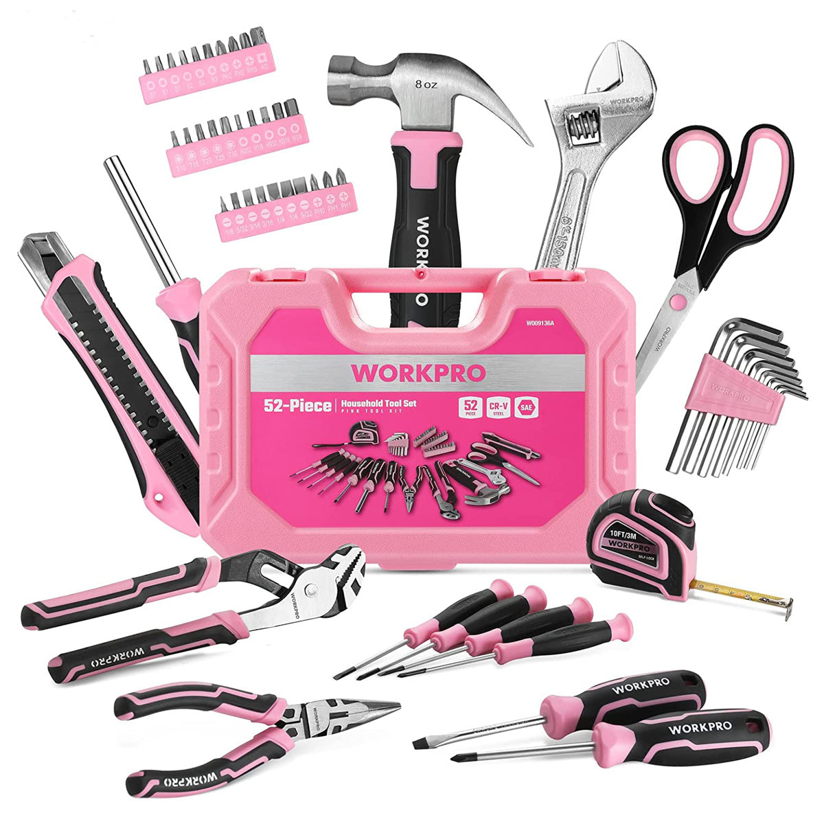 WORKPRO 52-Piece Pink Tools Set， Household Lady Tool Kit with Storage