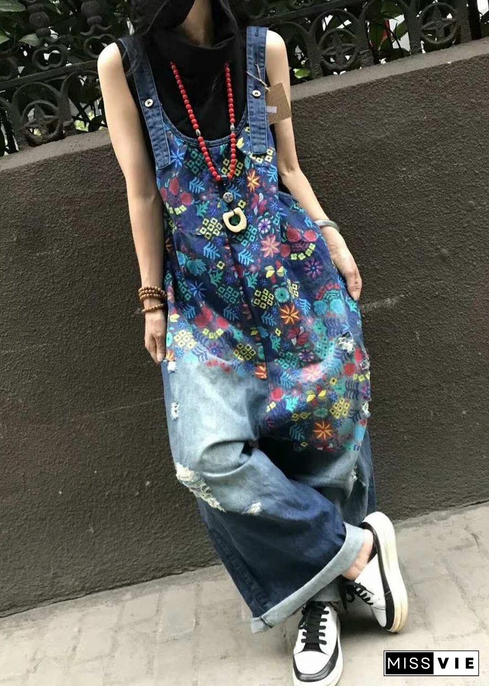 Boutique Print Blue Jeans Overall Jumpsuit