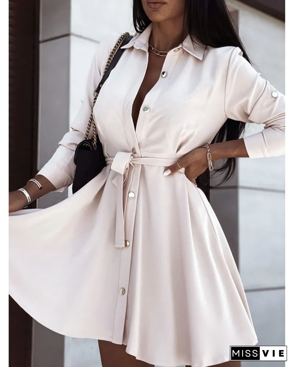 Turn-down Collar Long Sleeves Buttons Shirt Dress Women Fashion Collect Waist A Line Dress Elegant Ladies Dresses