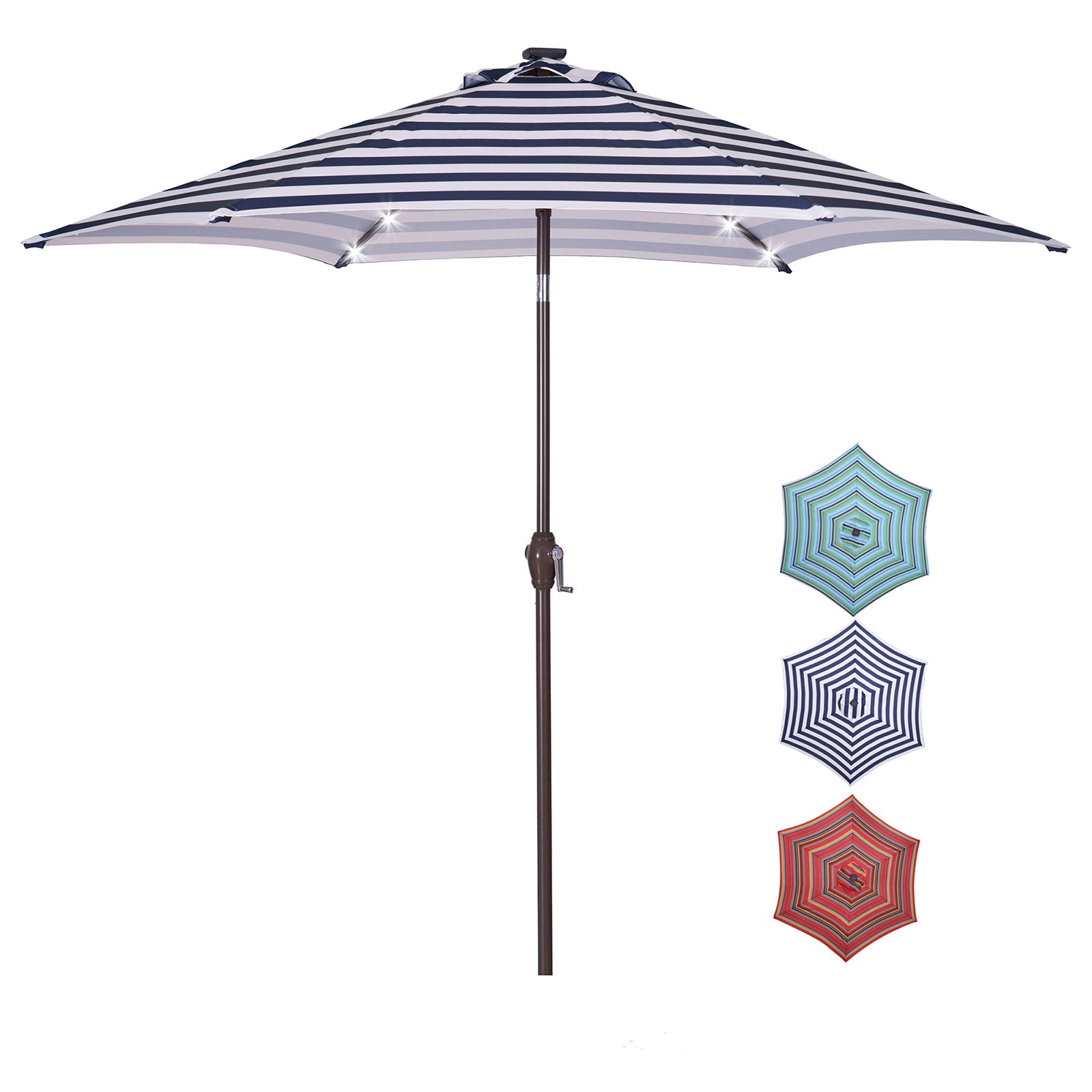 Dcenta Outdoor Patio 8.7-Feet Market Table Umbrella with Push Button Tilt and Crank, Blue White Stripes With 24 LED Lights[Umbrella Base is not Included]