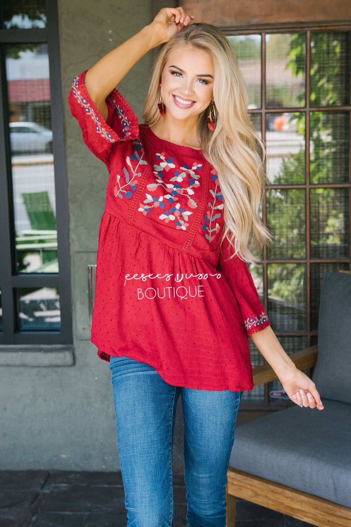 Vivid Fall Embroidered Peplum Top