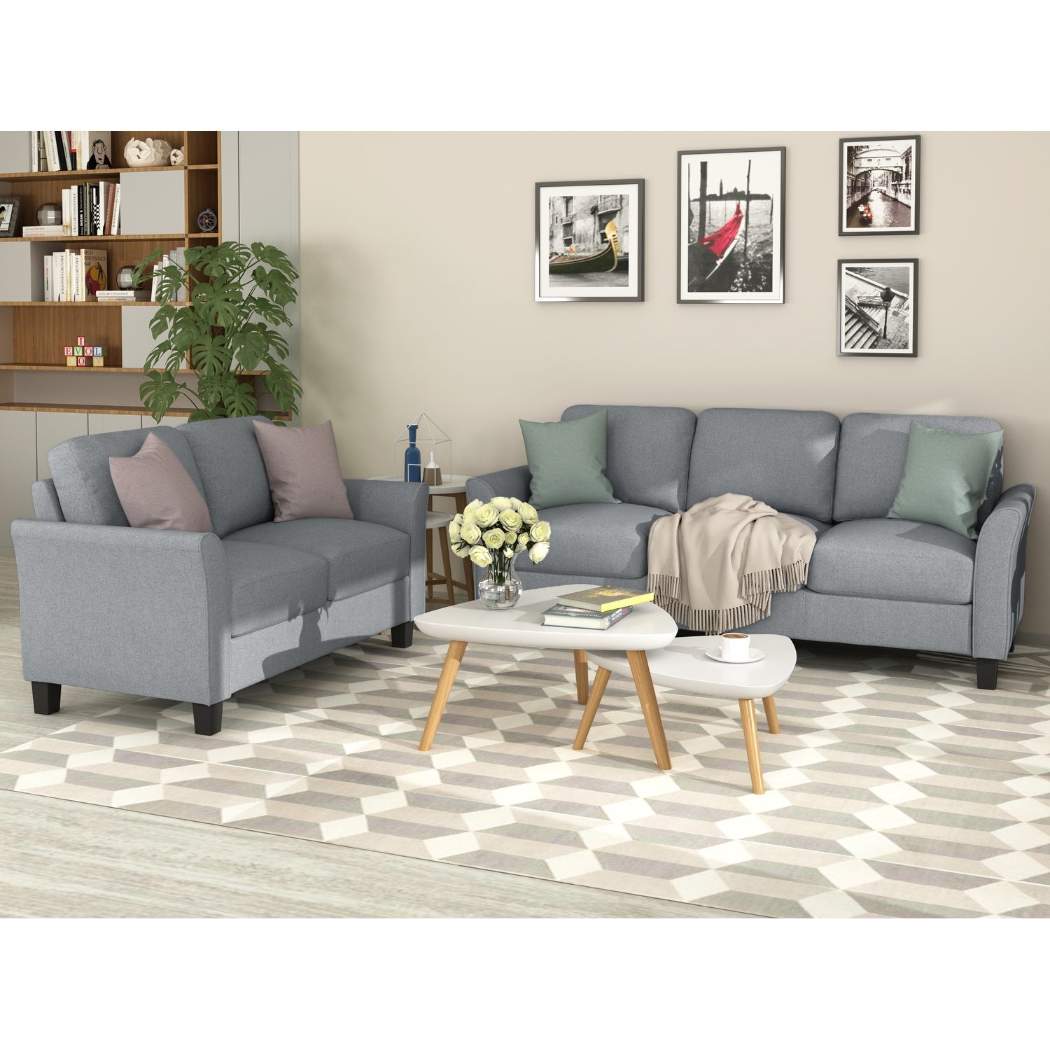 2-piece Set fabric Sofa Living Room Furniture with Upholstered Loveseat Sofa and 3-seat sofa with Hardwood Frame Support