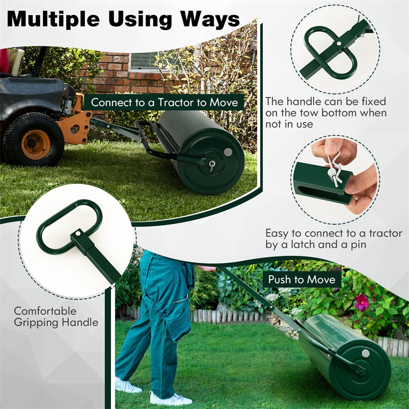 Push/Tow-Behind Lawn Roller with Detachable Handle 30 Gallon Water/Sand-Filled Sod Drum Roller for Garden Yard Park Farm