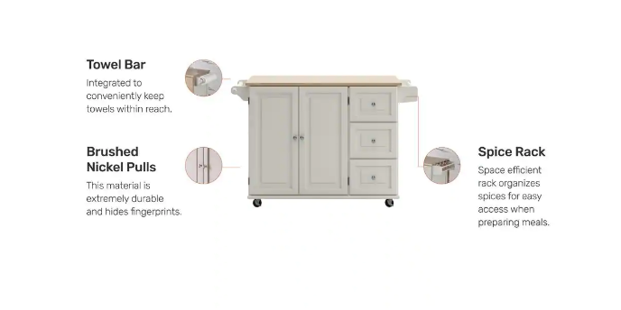 HOMESTYLES Dolly Madison White Kitchen Cart with Natural Wood Top