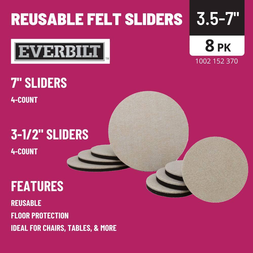 Everbilt (4) 7 in. and (4) 3-12 in. Beige and Black Round Felt Heavy Duty Furniture Slider Pads for Hard Floors (8-Pack) 4713044EB