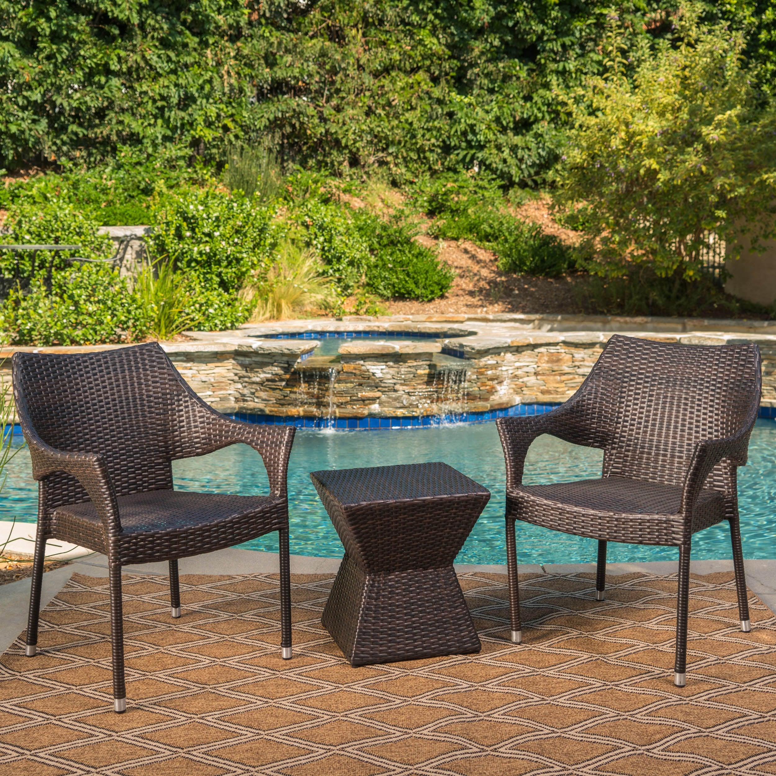 Arlost Outdoor 3 Piece Multi-Brown Wicker Chat Set with Stacking Chairs