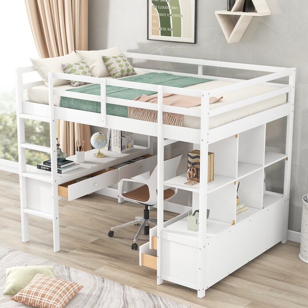 Full Size Loft Bed with Built in Desk with Storage Shelves   Drawers