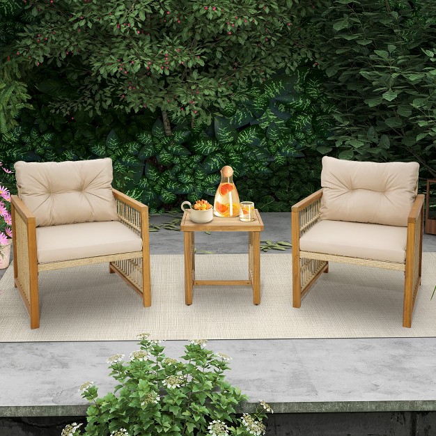 Tangkula 3pcs Patio Acacia Wood Pe Wicker Furniture Set W Soft Seat amp Back Cushions