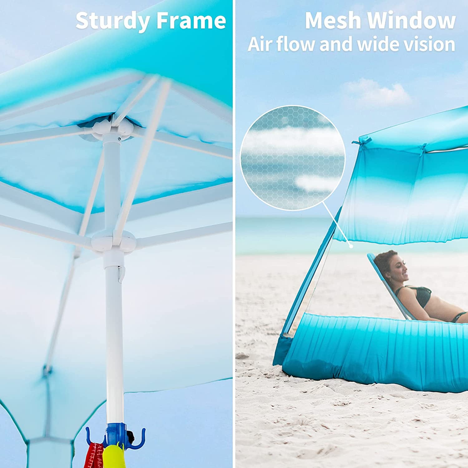 AMMSUN Beach Cabana，6.2' × 6.2' Beach Canopy with Sand Pockets，Sky Blue