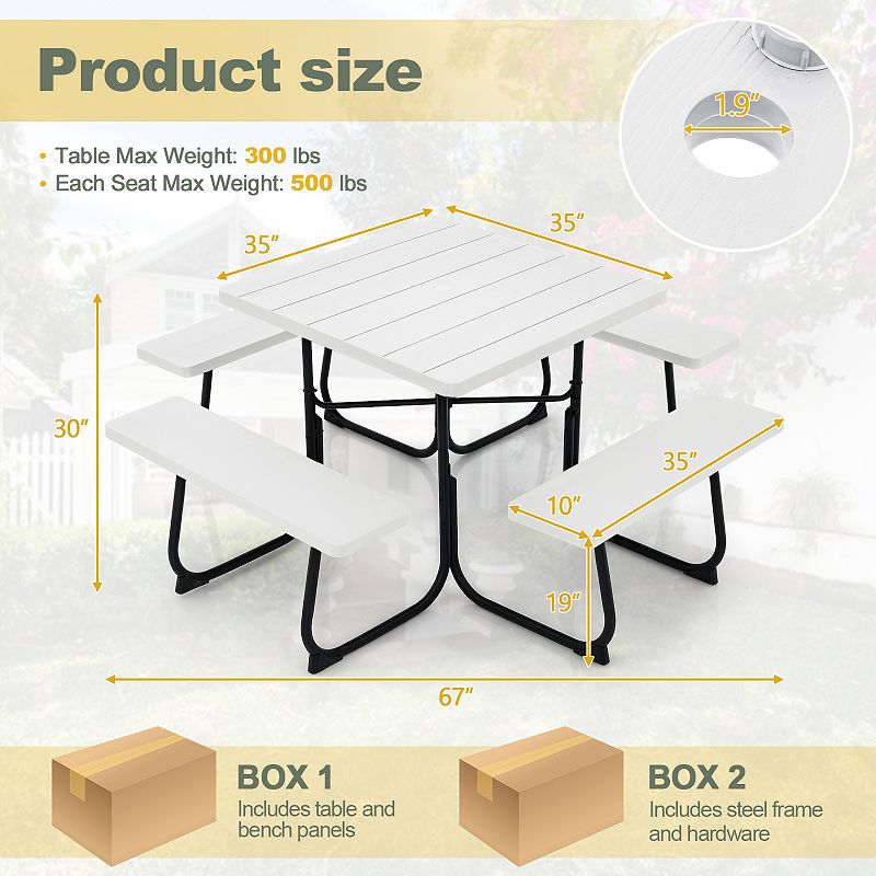 Outdoor Picnic Table With 4 Benches And Umbrella Hole