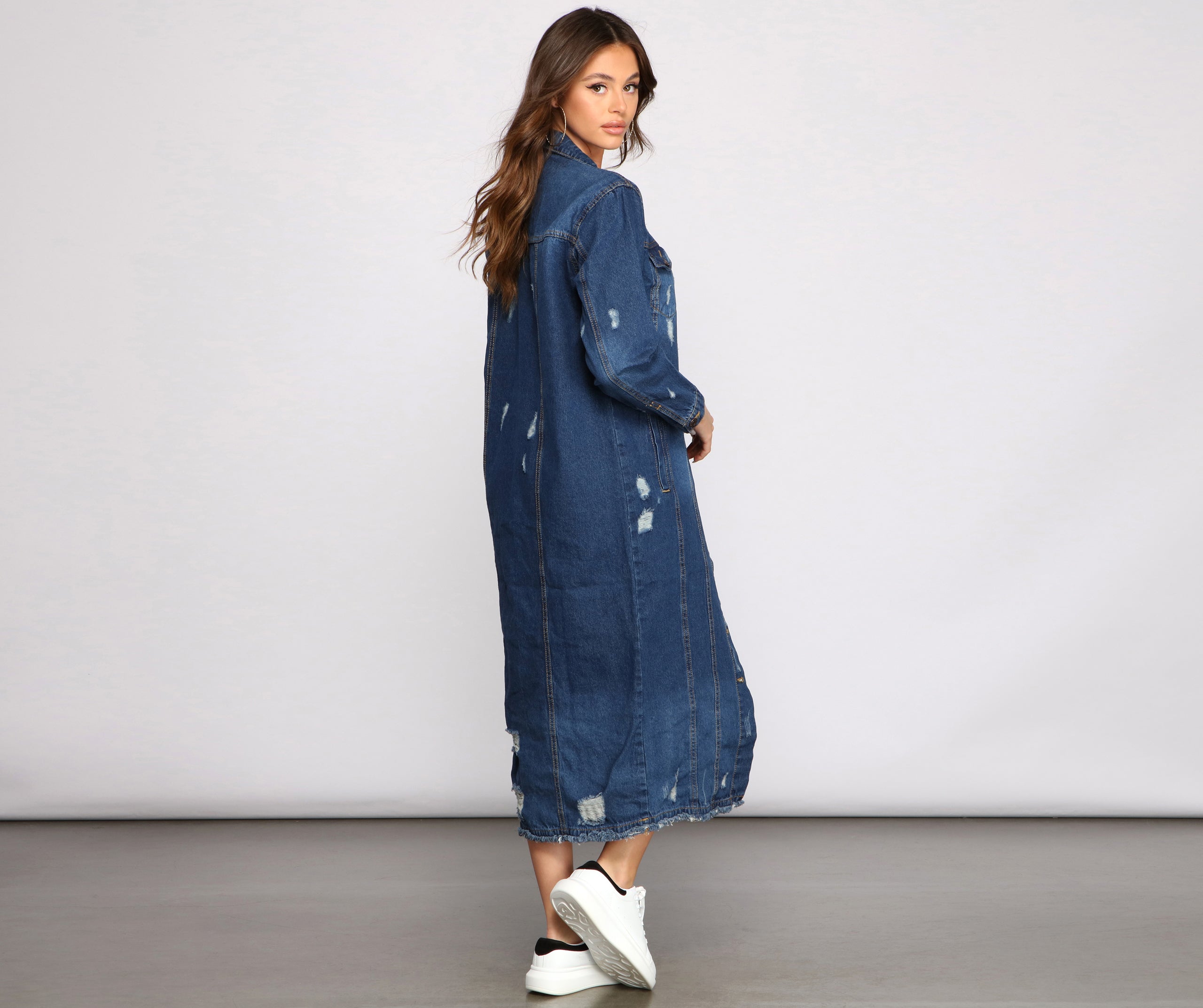 Level Up Destructed Long Line Denim Jacket