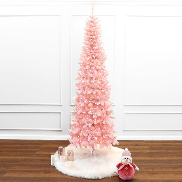 7Ft PreLit Pink Slim Hinged Artificial Christmas Tree with 8 Lighting Modes