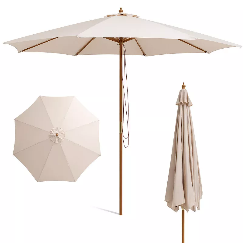 10 Feet Patio Umbrella With 8 Wooden Ribs And 3 Adjustable Heights-beige