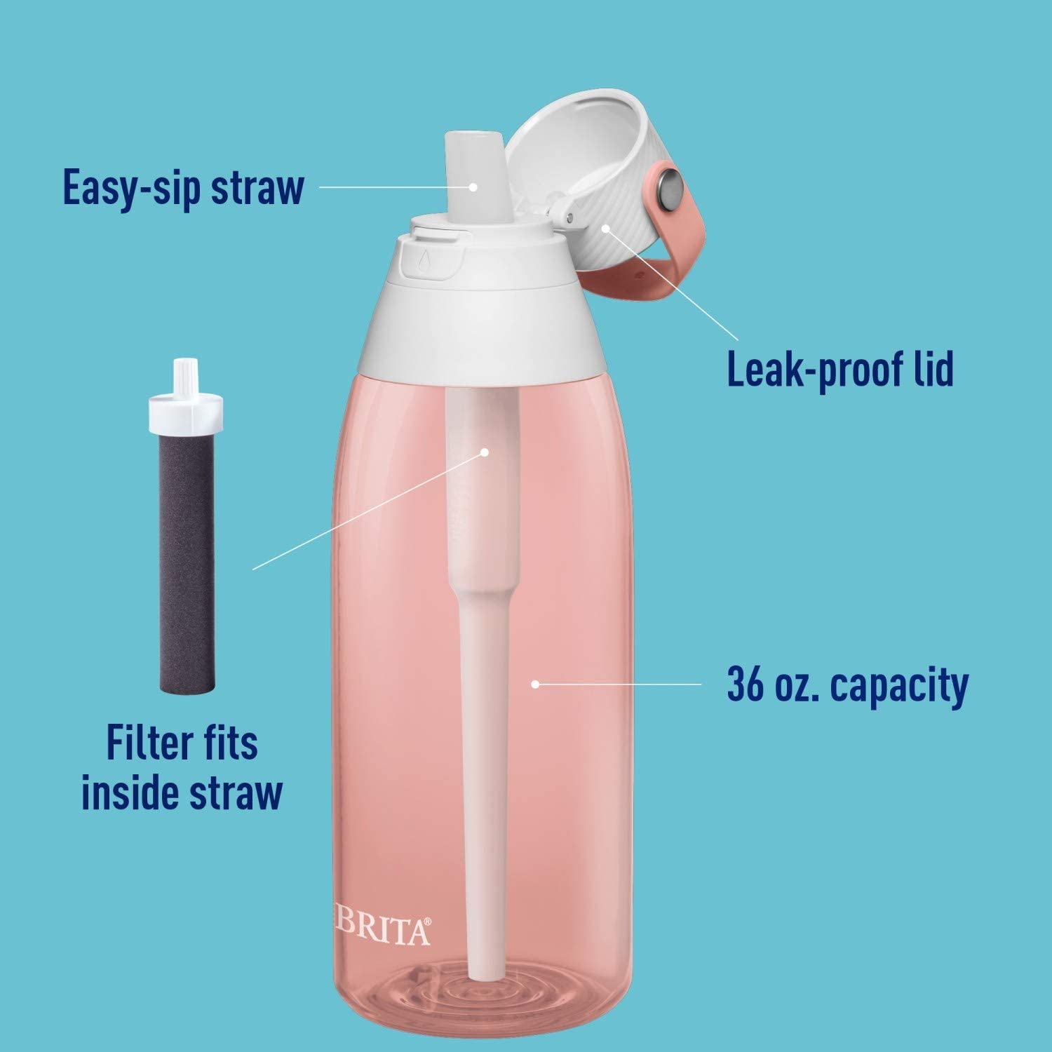 Brita 36oz Premium Water Bottle with Filter， BPA Free， Blush Pink