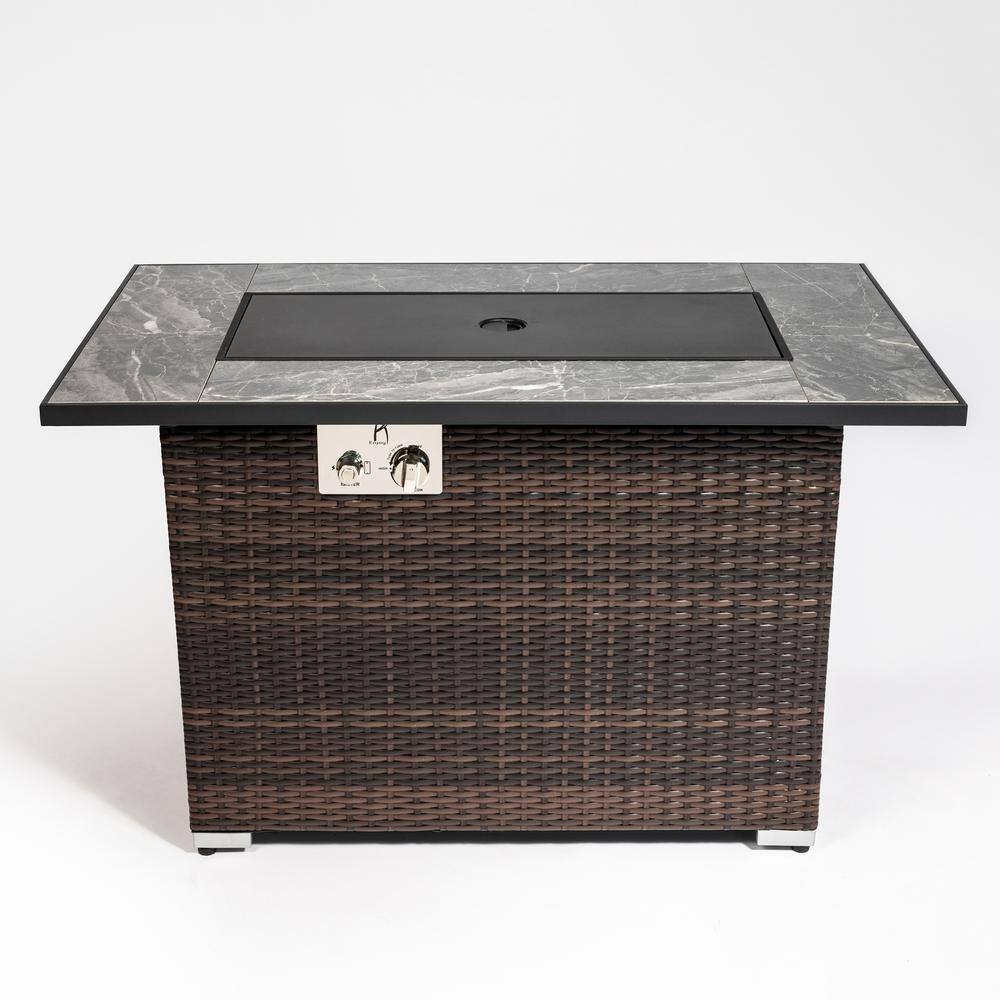 Espresso Rectangular Wicker Outdoor Fire Pit Table with Metal Cover and Rain Cover LWM-FT85343