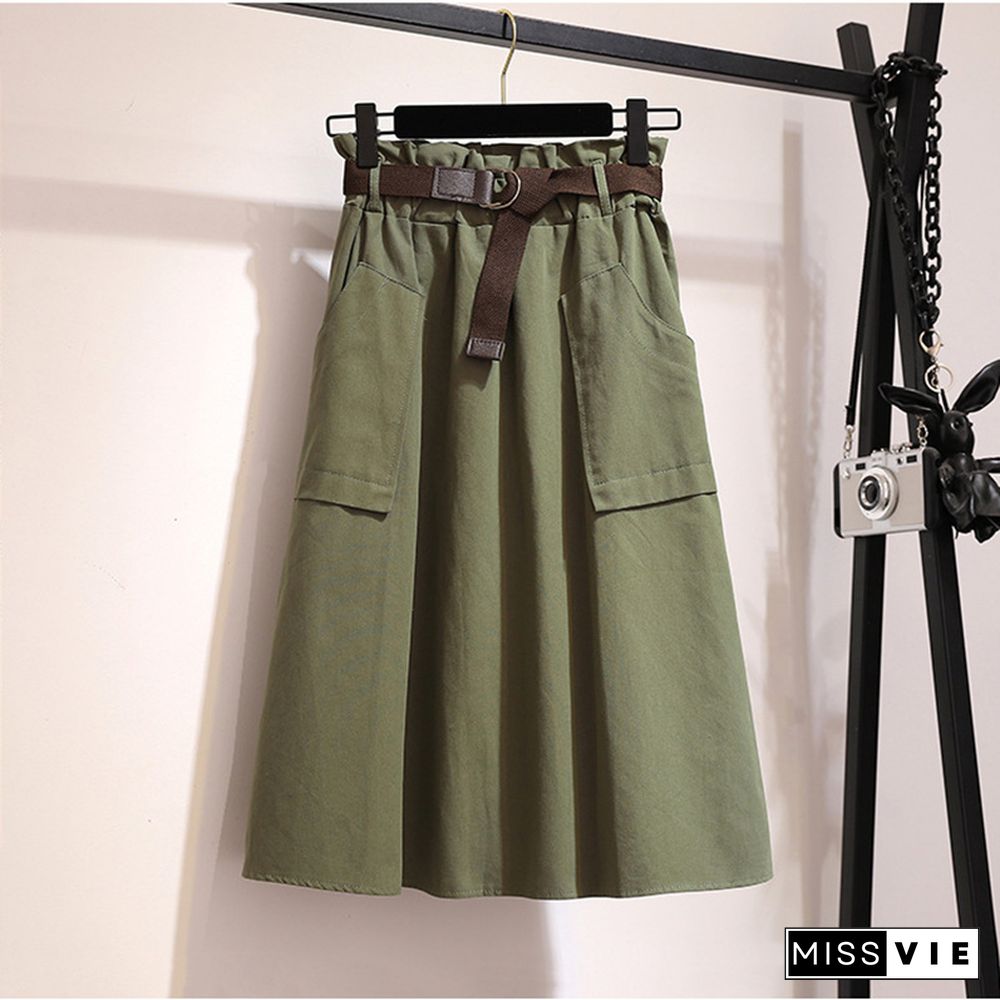 Midi Knee Length Summer Skirt Women With Belt Spring Casual Cotton Solid High Waist Sun School Skirt Female