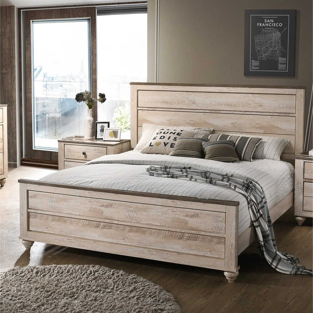 Roundhill Furniture Imerland Contemporary White Wash Finish 4 Piece Bedroom Set  Queen