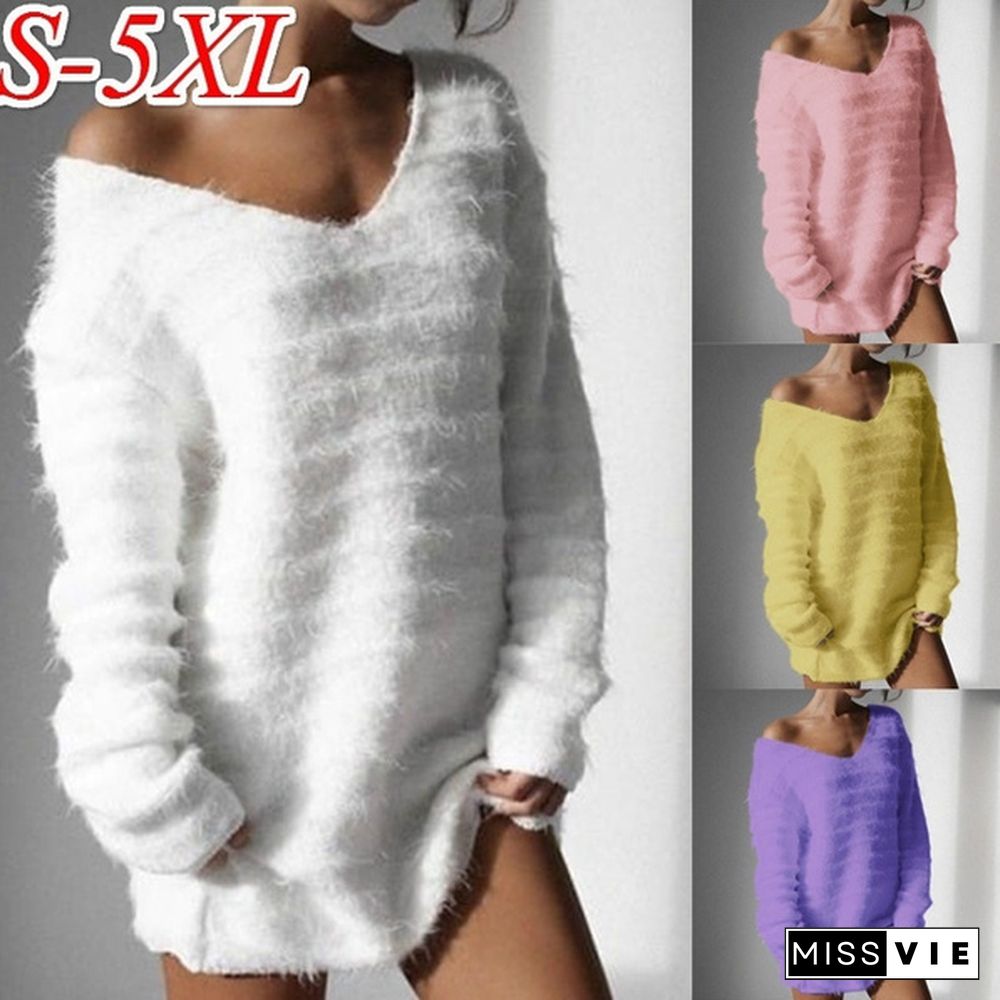 High Quality Women Plus Size S-5XL Long Sleeve V Neck Sweater Dress Casual Autumn Winter Warm Pullover Dress Casual Sweater