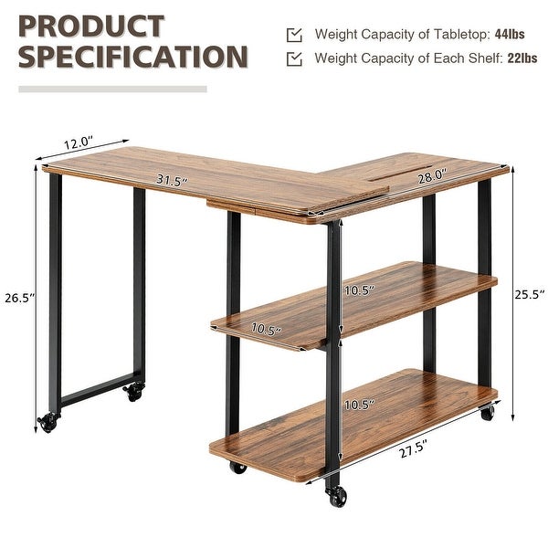 360° Rotating Sofa Side Table with Storage Shelves and Wheels - 49.5