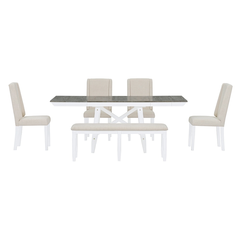 6 Piece Set  Extendable Dining Table with 4 Upholstered Chairs and 1 Bench