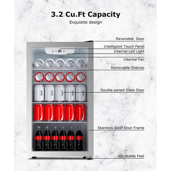 3.2 cu. ft. 26 Bottle Wine Cooler， 120Cans Beverage Refrigerator and Cooler With Glass Reversible Door