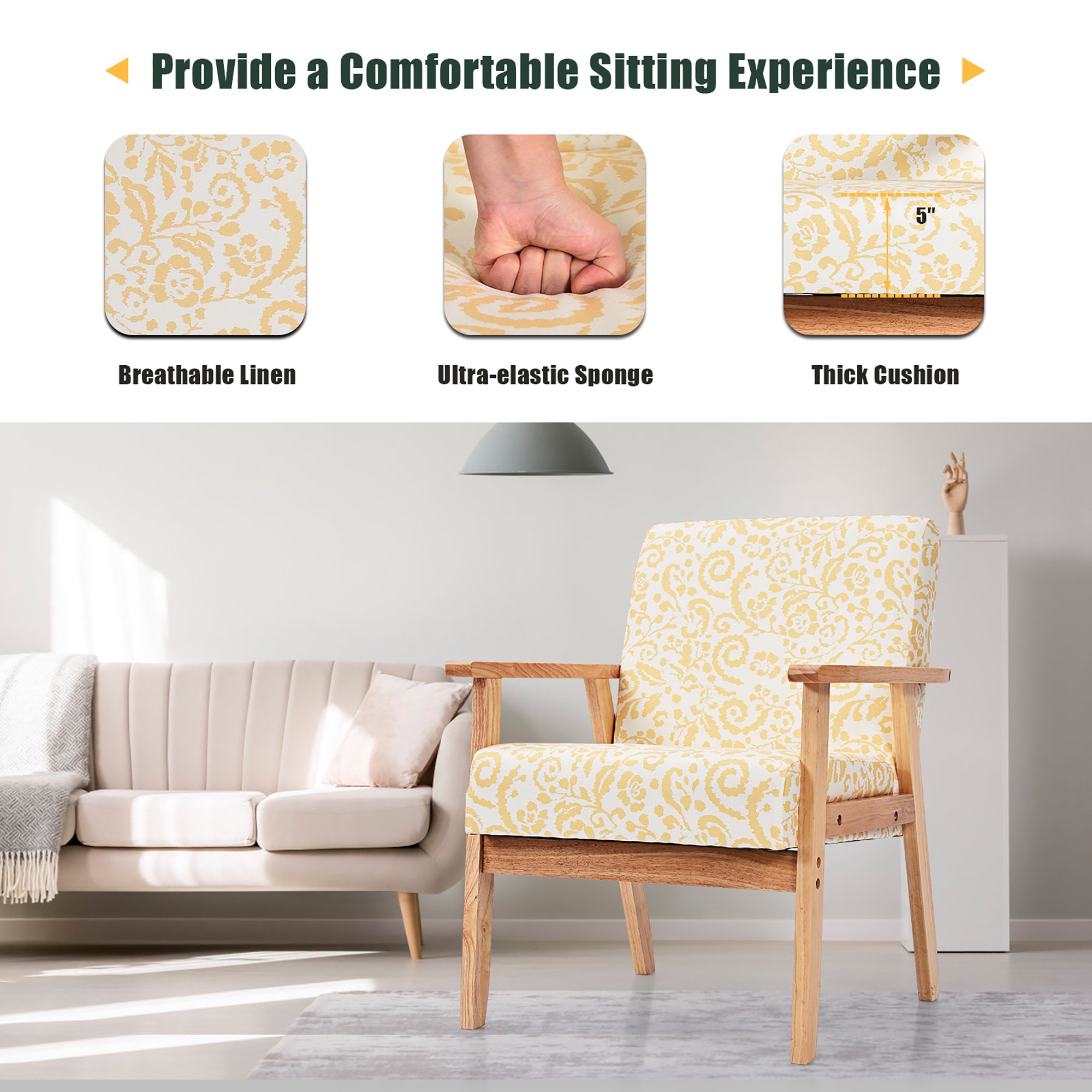 Costway Modern Accent Armchair Upholstered Lounge Chair with Rubber Wood Leg， Yellow Floral