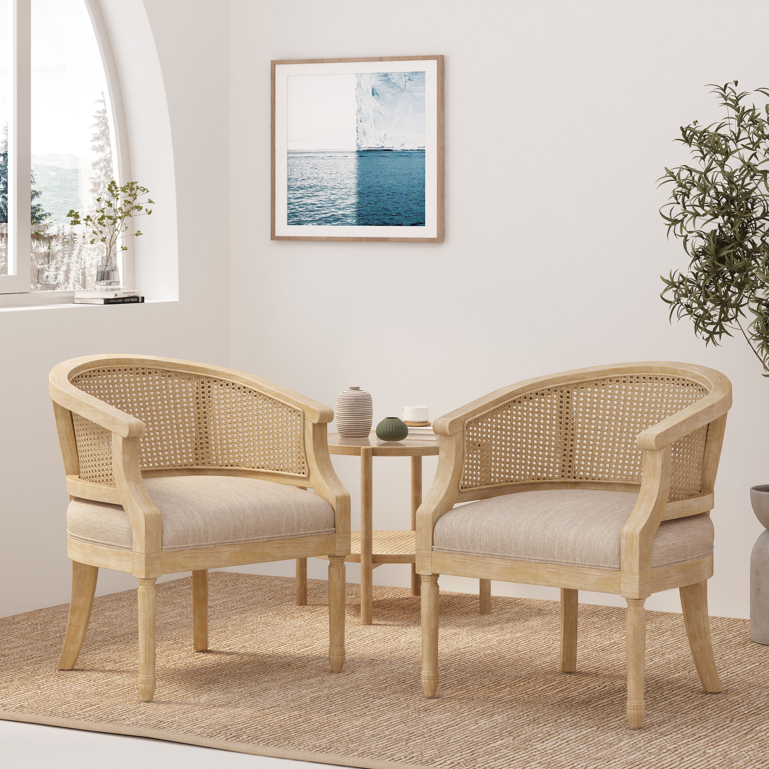 Velie French Country Wood and Cane Accent Chairs, Set of 2