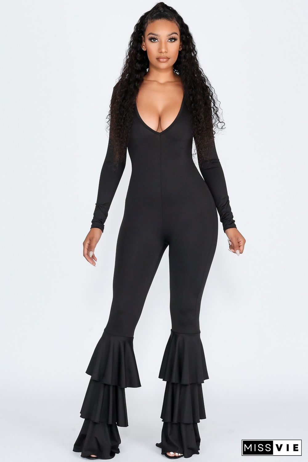 Solid Color Cascading Flounces Long Jumpsuit