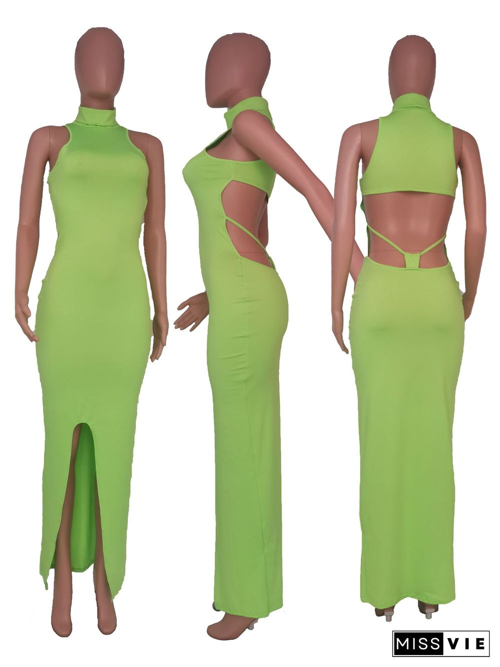 Solid Color Turtleneck Sleeveless Sexy Hollow Out Backless High Waist Skinny Split Party Long Dress