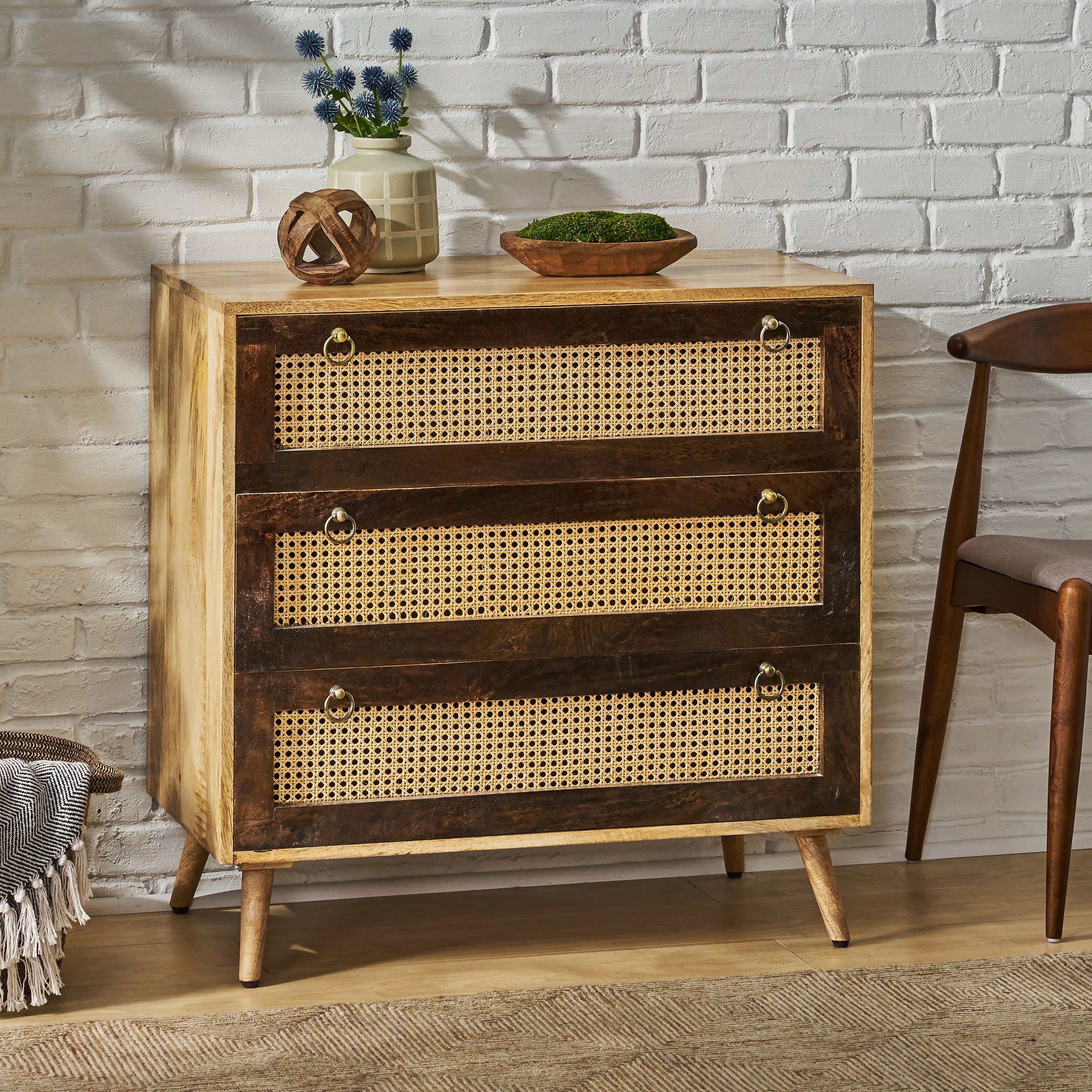 Missoula Boho Handcrafted Mango Wood 3 Drawer Sideboard, Natural and Walnut