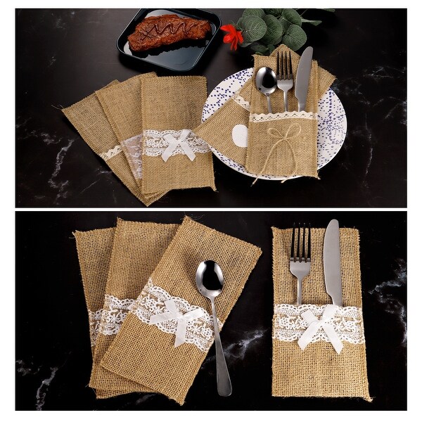 20Pcs Burlap Lace Utensil Holder Knife Forks Bag Cutlery Pouch for Wedding Party - Light Brown