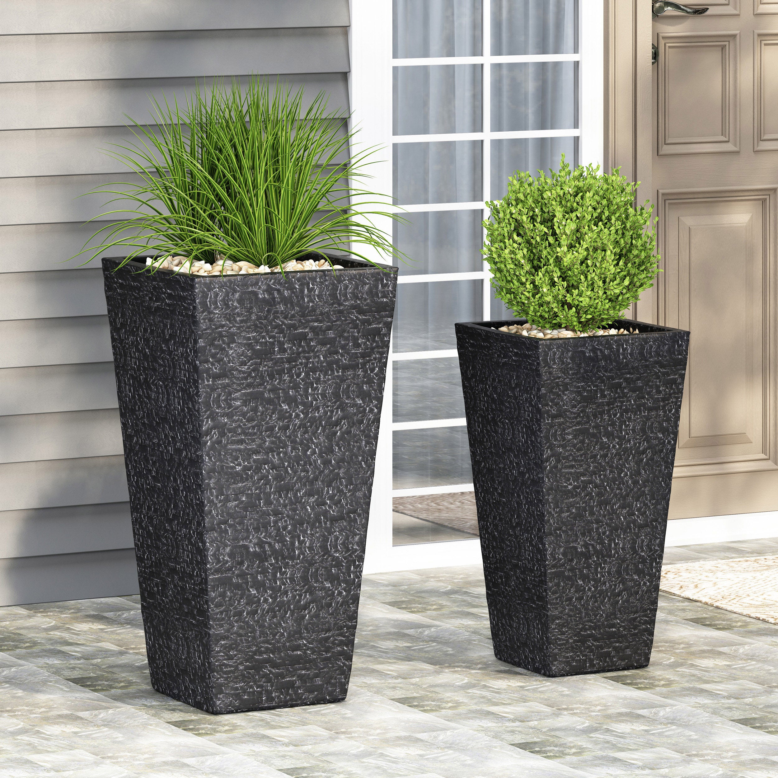 Tengren Outdoor Large and Medium Cast Stone Planters, Set of 2, Gray