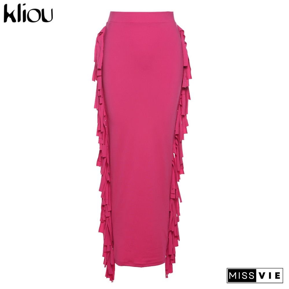 Kliou Side Tassel Women Skirt Elegant Unique Robe Straight Skinny Hight Waist Stretchy Hot Streetwear Style Female Clothes