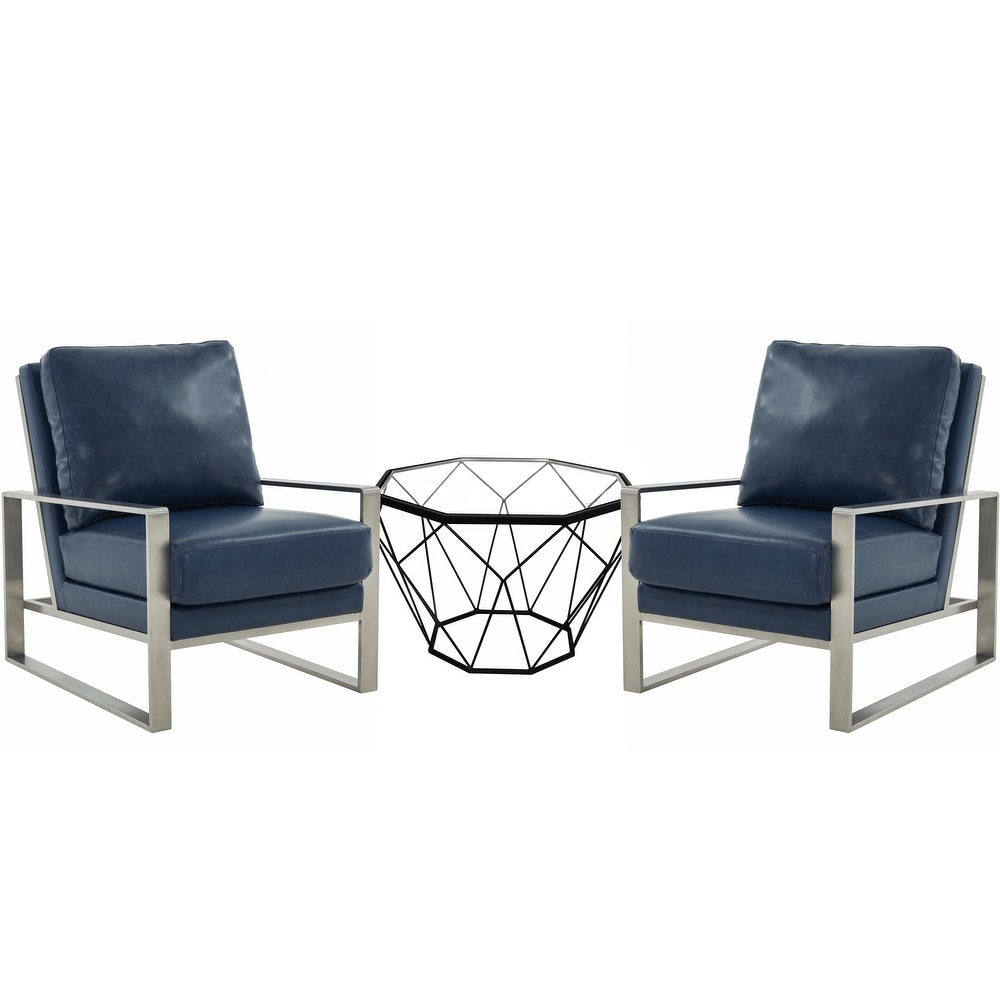 LeisureMod Jefferson Leather Arm Chairs with Silver Frame and Coffee Table with Geometric Base   36\