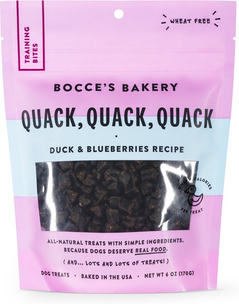 Bocce's Bakery Quack Quack Quack Duck and Blueberry Recipe Training Bites Dog Treats