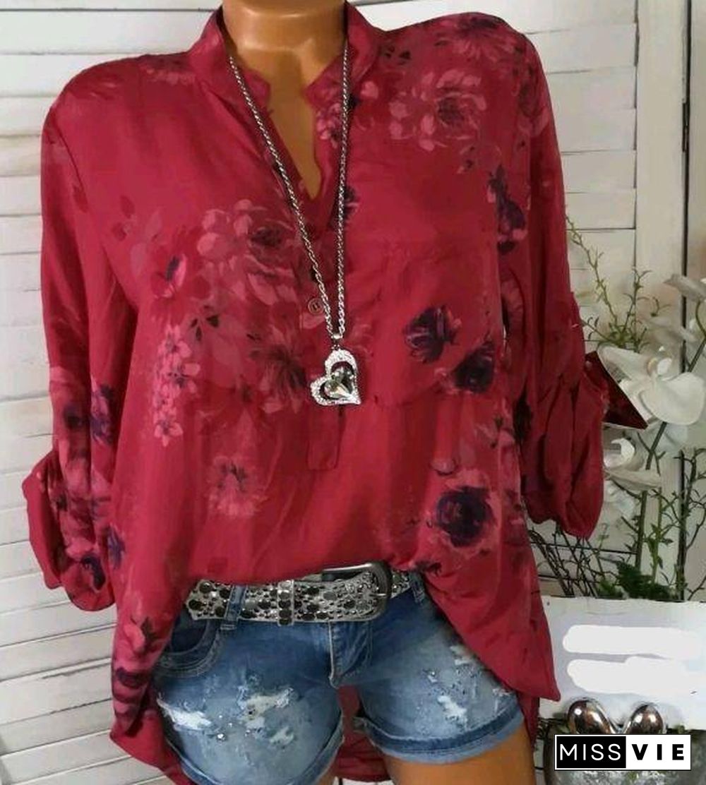 Summer Women Tops Blouses Autumn Elegant Long Sleeve Print V-Neck Chiffon Blouse Blusa Casual Loose Shirts Plus Size 5XL