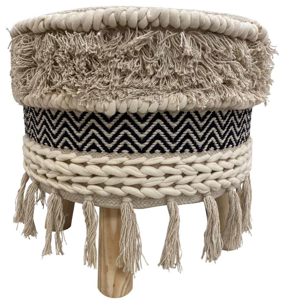 Black Chevron and Ivory Textured and Fringed Bohemian Stool   Scandinavian   Footstools And Ottomans   by LR Home  Houzz