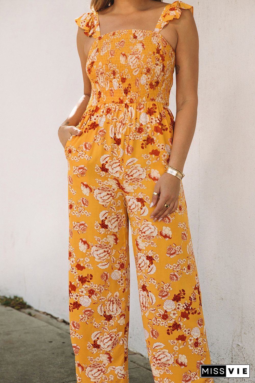 Yellow Floral Print Ruffle Shoulder Smocked Wide Leg Jumpsuit