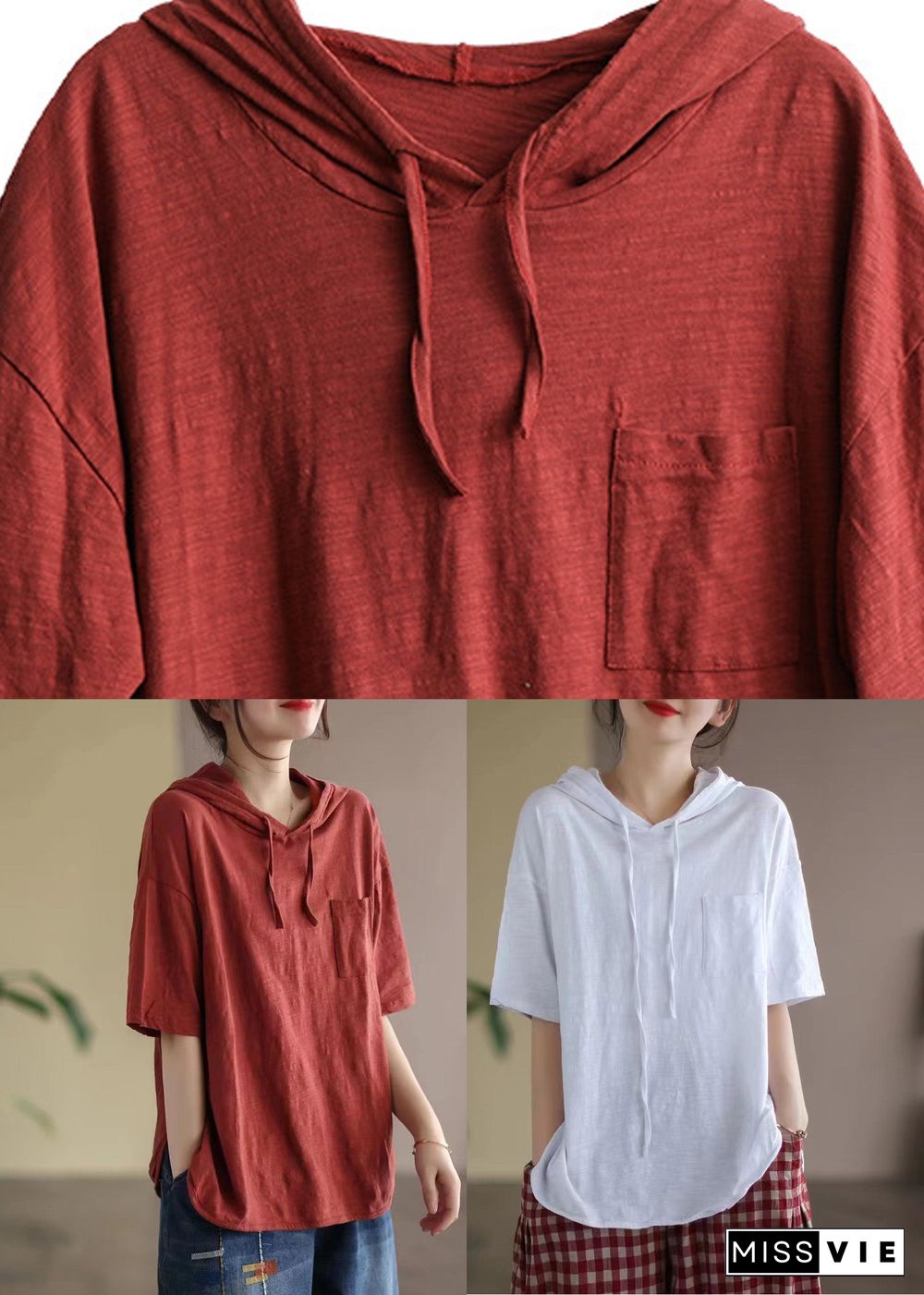 Red Drawstring Solid Cotton Hooded T Shirt Summer