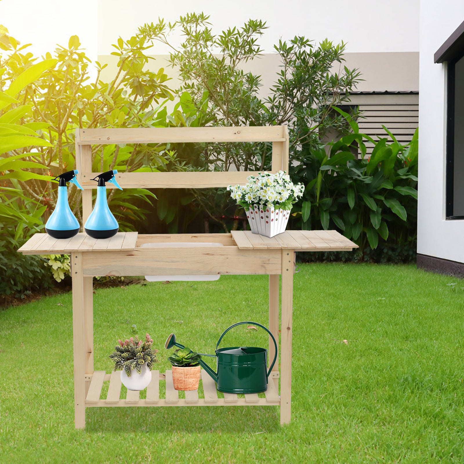 Luckinbaby Sliding Table-top Garden Workbench, Wood Gardening Desk with Shelves