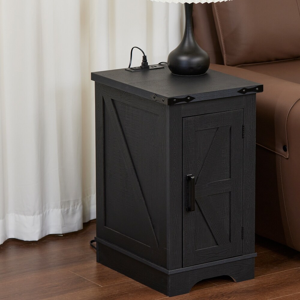 Farmhouse 17' Rustic Nightstand Wooden End Table with Charging  Barn Door  Adjustable Shelf and 3 Tier Storage