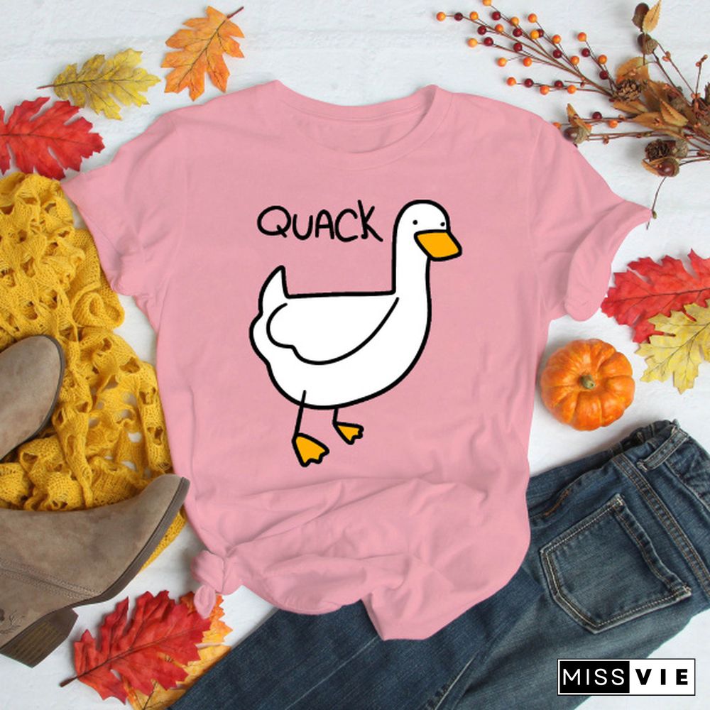 Cute Duck Quack Print T-shirts For Women Summer Lovely Short Sleeve Casual T-shirts Funny Ladies Round Neck Tops