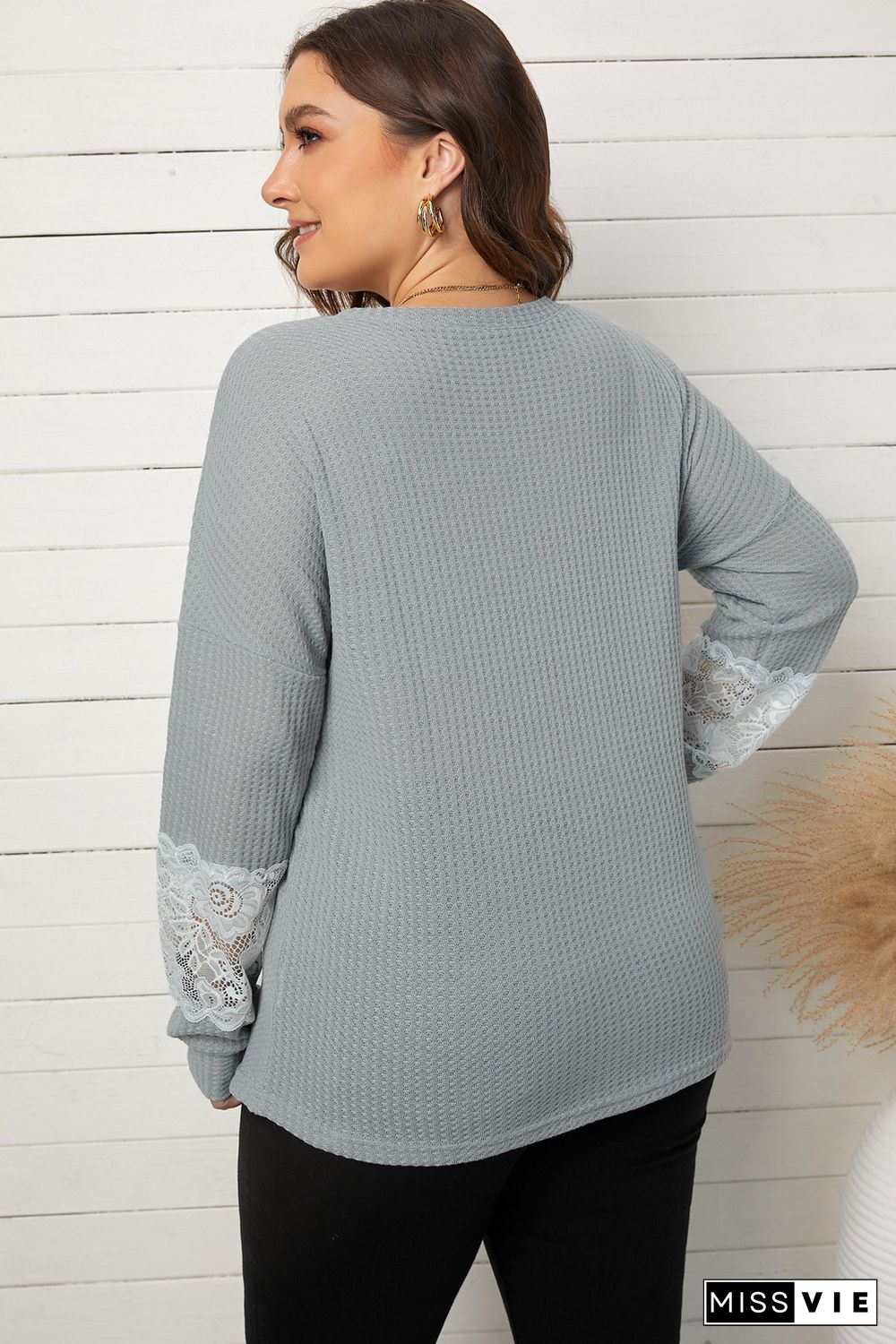 Gray Lace Patchwork Waffle Knit Plus Size Blouse