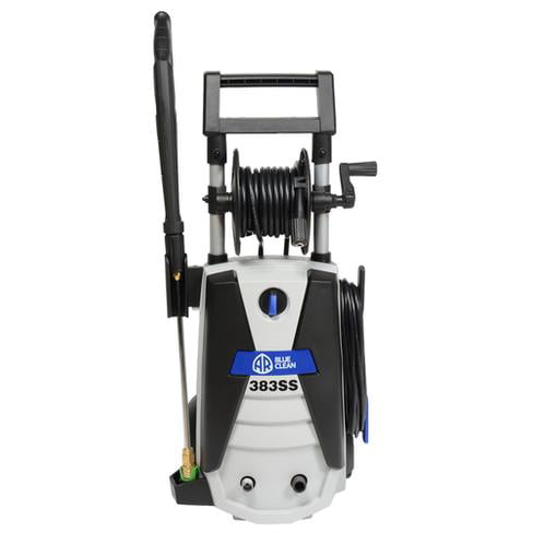 AR Blue Clean 1900 PSI Electric Pressure Washer,  with Spray Gun, Steel Lance with QC coupler, 30 Foot High-Pressure Hose, 35 Foot Power Cord, 28 oz Detergent Tank, Garden Hose adapter, AR383SS