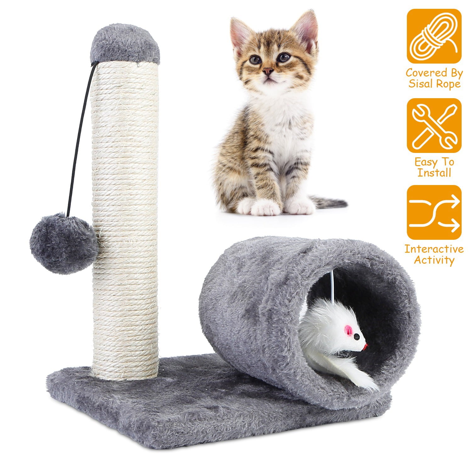 iMountek Cat Scratching Post Cat Kitten Sisal Scratch Post Toy with Tunnel and Lifelike Mouse Toy Pet Activity Play Fun