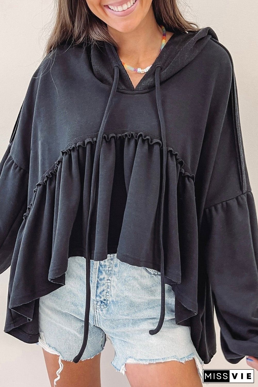 Black Oversized Ruffled High Low Hem Drop Shoulder Hoodie